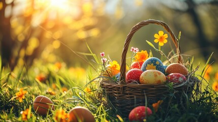 Colorful easter eggs in a wicker basket on green grass on a sunny day. sun rays. easter background. - obrazy, fototapety, plakaty