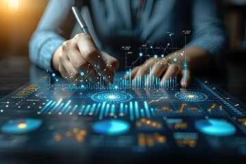 Businessman analysis uses a digital graph to evaluate financial statistics on growth for long-term investments and profitability of businesses with promising future prospects in 2024.