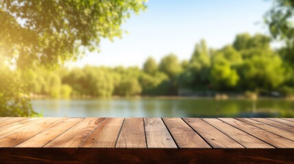 Wooden tabletop near river background and blurred green landscape for displaying or mounting your products