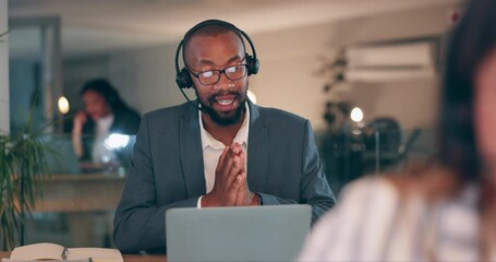 Man, night call center and laptop for customer support, e commerce FAQ or business communication in workspace. African advisor or consultant talking on computer for virtual solution, advice or sales