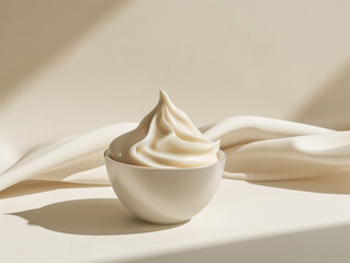 Whipped buttercream in a ceramic bowl on the light background - obrazy, fototapety, plakaty