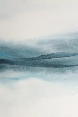 Tuinposter Ink watercolor hand drawn smoke flow stain blot landscape on wet grain paper texture background. Beige, blue colors. © Liliia