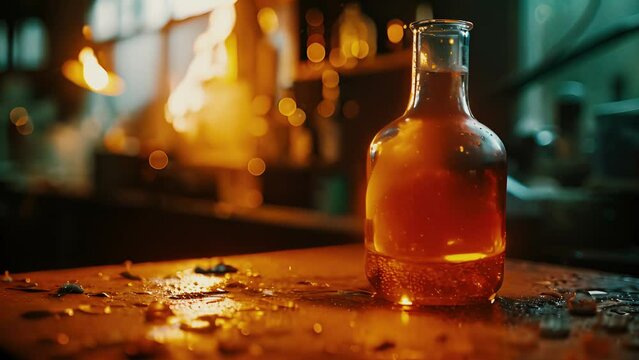 Burning potion in a glass bottle on the table in the laboratory