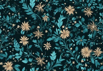 Abstract Floral Pattern in Teal on Black Background Gold Flowers and Blue Leaves on Black Background