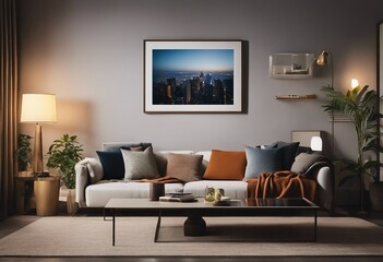 A Modern Living Room with an Artwork Above Sofa with Many Pillows