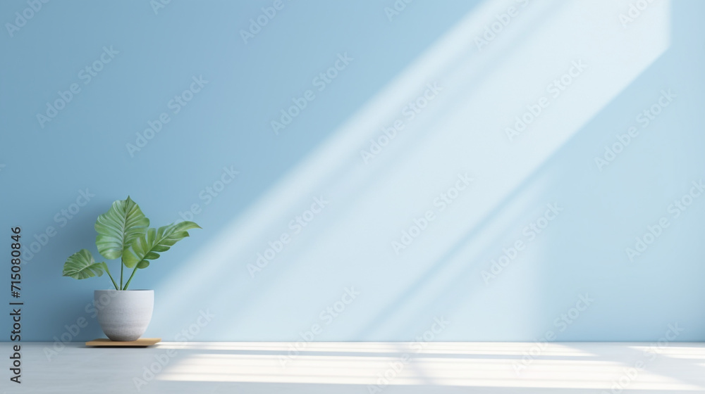 Poster minimal abstract light blue background for product presentation. shadow and light from windows on pl