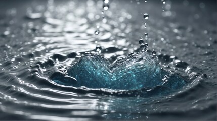Particle flow in the shape of drop descends into the water below the surface, forming a heart shape, drops engage in a mesmerizing dance of swirling ripple and splash, synchronized movements. AI