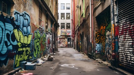 Naklejka premium Vibrant Graffiti Adorns Narrow Urban Alleyway With Character