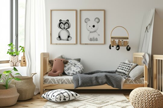 Picture frame on a cream colored wall in a children's room with a bed by the window, decorated with dolls and toys on the wooden floor.