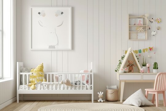 Picture frame on a cream colored wall in a children's room with a bed by the window, decorated with dolls and toys on the wooden floor.