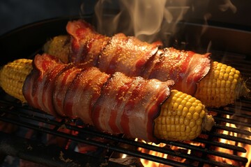 Corn on the cob wrapped in bacon and grilled to