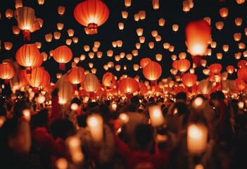 Night celebration festival full of people with Chinese lanterns on a street