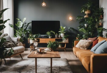 Cozy Living Room with Plants and Colorful Accents 
