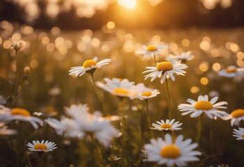 Daisy flowers under the warm yellow sun rays on the meadow in the evening