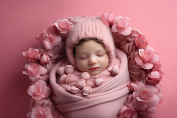 Fototapeta premium Sleeping newborn baby on pink background