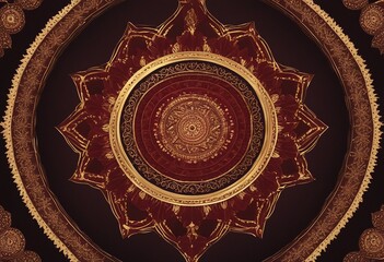 Dark Red and Gold Mandala with Symmetrical Designs on Black Background