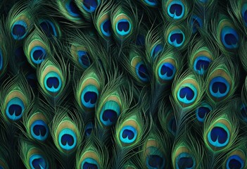 Blue and Green Peacock Feathers on Dark Blue Background