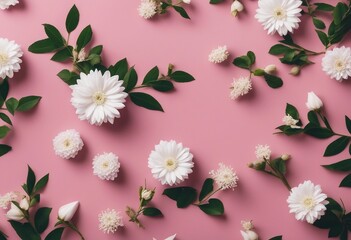 Diagonal Pattern of Varied White Flowers with Leaveson a Solid Pink Background