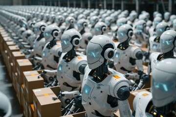 Ready-to-use humanoid robots are waiting in a large warehouse
