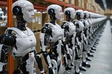 Fototapeta premium Ready-to-use humanoid robots are waiting in a large warehouse