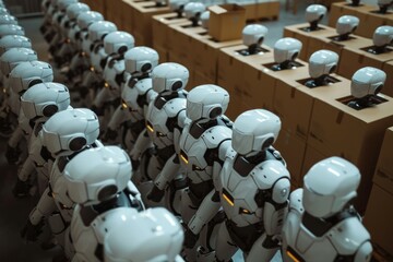 Ready-to-use humanoid robots are waiting in a large warehouse