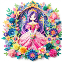 Obraz na płótnie Canvas Discover enchantment as a colorful Kirigami princess reigns amidst a vibrant floral background. Isolated in white, this image captures the essence of a whimsical fairy tale