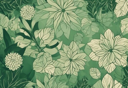 Floral Patterns and Geometric Borders Artwork in Green and Beige Tones Soimoi Chinese Floral Print, Silk Fabric, Decor Sewing Fabric