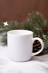 christmas tree with blank white mug