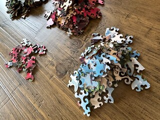 Wooden puzzle pieces separated into piles by color