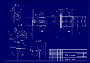 Vector drawing of a steel mechanical part with through holes.
Driven shaft. Engineering technical cad scheme. 
Mechanical background.