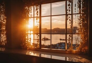 Golden Sunset View through a Window of Elegant Room in a House on a River Bank