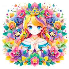 Fototapeta premium Discover enchantment as a colorful Kirigami princess reigns amidst a vibrant floral background. Isolated in white, this image captures the essence of a whimsical fairy tale