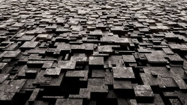 Brutalist surface featuring rutted blocky surface.  3d rendered animation.
