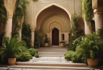 Fototapeta premium Islamic Arch with Dome and Plants in Green and Gold