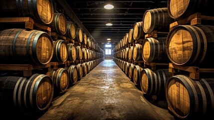 Whiskey, bourbon, scotch, wine barrels in an barrique warehouse, copy space, 16:9