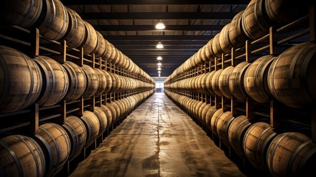 Whiskey, bourbon, scotch, wine barrels in an barrique warehouse, copy space, 16:9