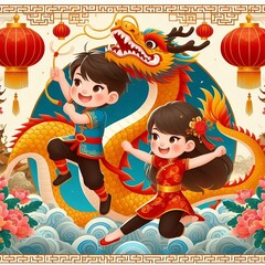 Obraz na płótnie Canvas year of the Dragon template design with boy and girl performing dragon dance, 2024 Chinese New Year, created with generative ai 