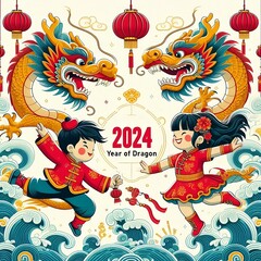year of the Dragon template design with boy and girl performing dragon dance, 2024 Chinese New Year, created with generative ai	