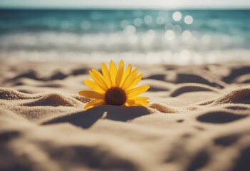Make every day a beach day Happy summer Yellow flower on sandy beach Travel alone concept - obrazy, fototapety, plakaty