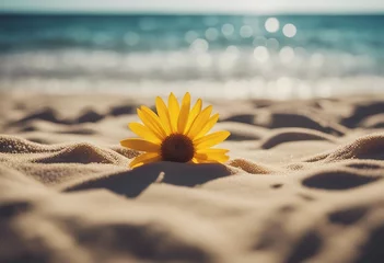 Foto auf Glas Make every day a beach day Happy summer Yellow flower on sandy beach Travel alone concept © FrameFinesse