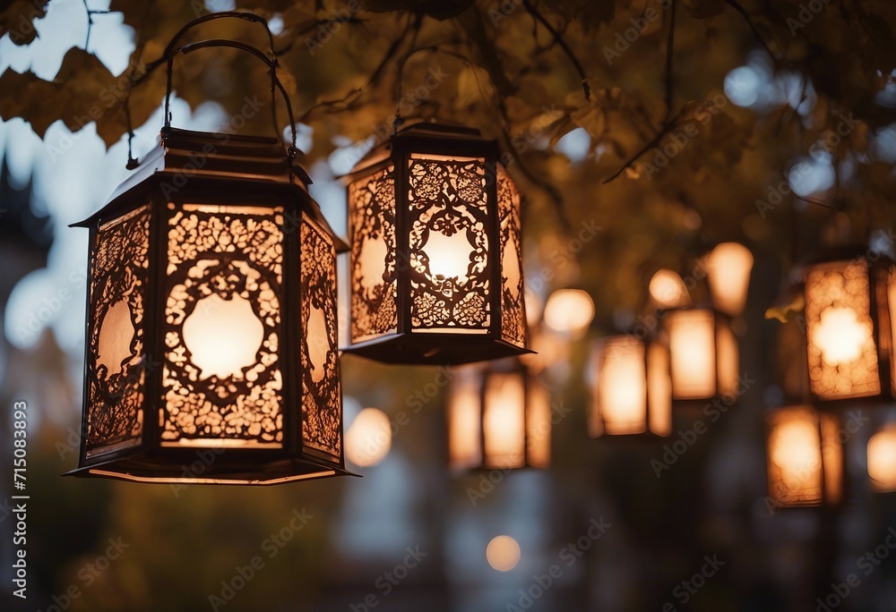 Sticker Ornate Lanterns Aglow Amongst Twilight Leaves