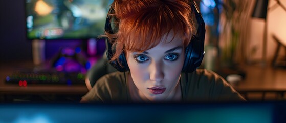 Young woman with ginger hair looking at the camera while sitting behind her gaming laptop,
