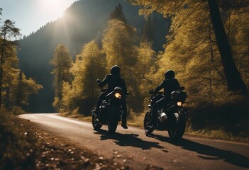 Motorbike Riders Motorcycle Silhouettes In Wild Forest Mountain Nature Landscape Background