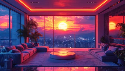 animated virtual backgrounds, stream overlay loop, interior, cozy futuristic living room at sunset, vtuber asset twitch zoom OBS screen, chill anime lo-fi hip, generative ai.