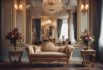 Fototapeta na wymiar Opulent Victorian Living Room with Ornate Sofa and Big Gilded Mirror on the Wall