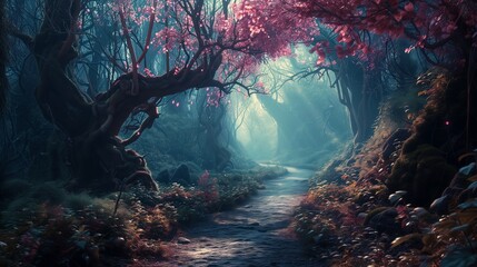 A mystical road winding through a vibrant, enchanted forest, bathed in soft, ethereal light. The road beckons towards unknown adventures