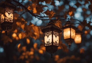 Ornate Lanterns Aglow Amongst Twilight Leaves in Night