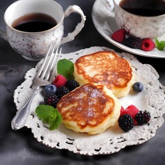 Pancakes with honey and raspberry and cup of coffee