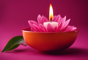 Obraz na płótnie Canvas Pink Flower Candle in Orange Bowl on Magenta Background with Green Leaf