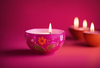 Obraz na płótnie Canvas Pink Flower Candle in Floral Bowl on Magenta Background